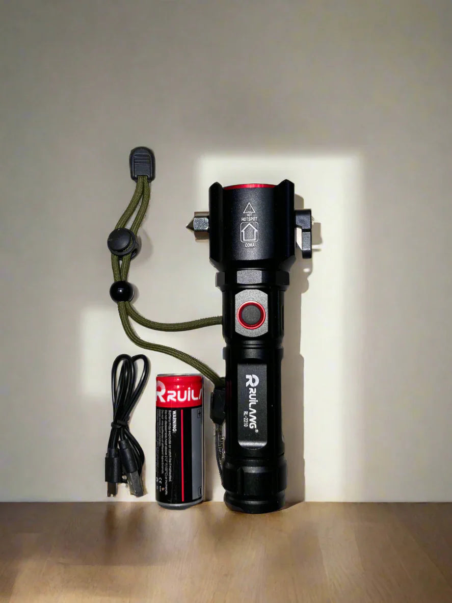 Powerful Multifunction Emergency Flashlight with Zoom Focus & USB Rechargeable Battery. Lot Imported 5-in-1 Rechargeable Flashlight & PowerBank