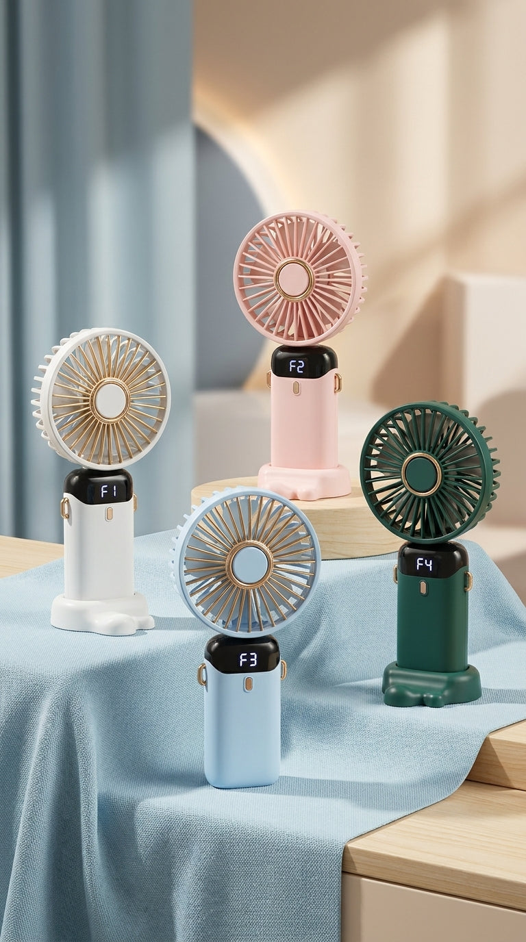 Mini portable fan with digital display and strong airflow, compact foldable design perfect for summer travel and daily use.