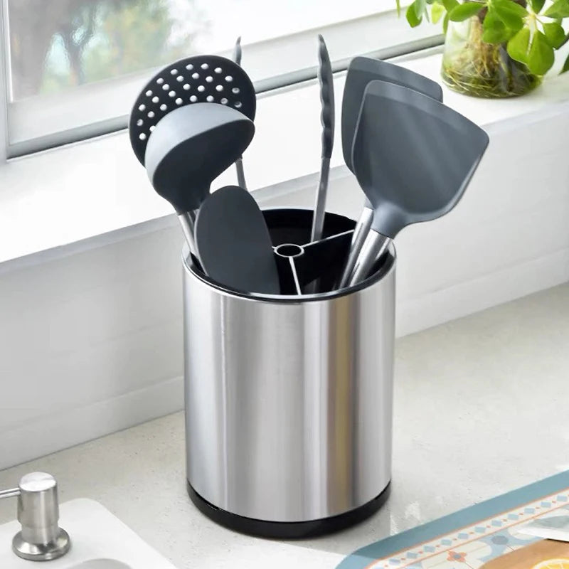 360° Rotating Large Utensil Holder Stainless Steel Cutlery Drainer Chopstick Spoon Fork Tableware Kitchen Storage Bucket