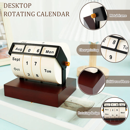 Manual Wheel Perpetual Calendar Reusable Rotating Desk Calendar Wooden Vintage Countdown Date Display Month Week Day Home Decor