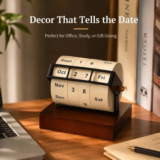 Manual Wheel Perpetual Calendar Reusable Rotating Desk Calendar Wooden Vintage Countdown Date Display Month Week Day Home Decor