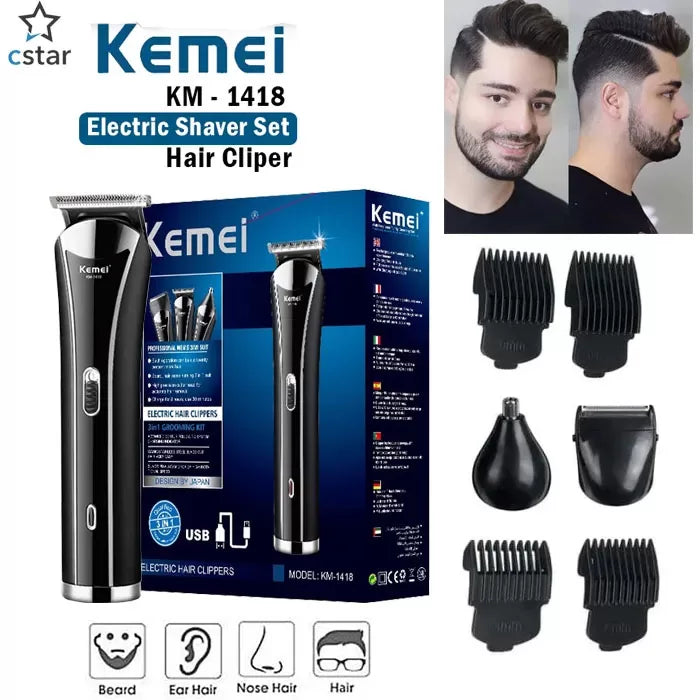3-in-1 Electric Hair Clipper & Grooming Kit Professional rechargeable trimmer for beard, hair, and nose grooming with sharp precision blades and stylish design.