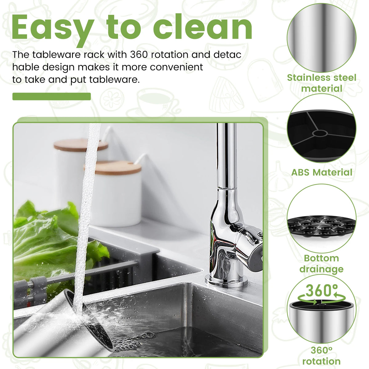 360° Rotating Large Utensil Holder Stainless Steel Cutlery Drainer Chopstick Spoon Fork Tableware Kitchen Storage Bucket