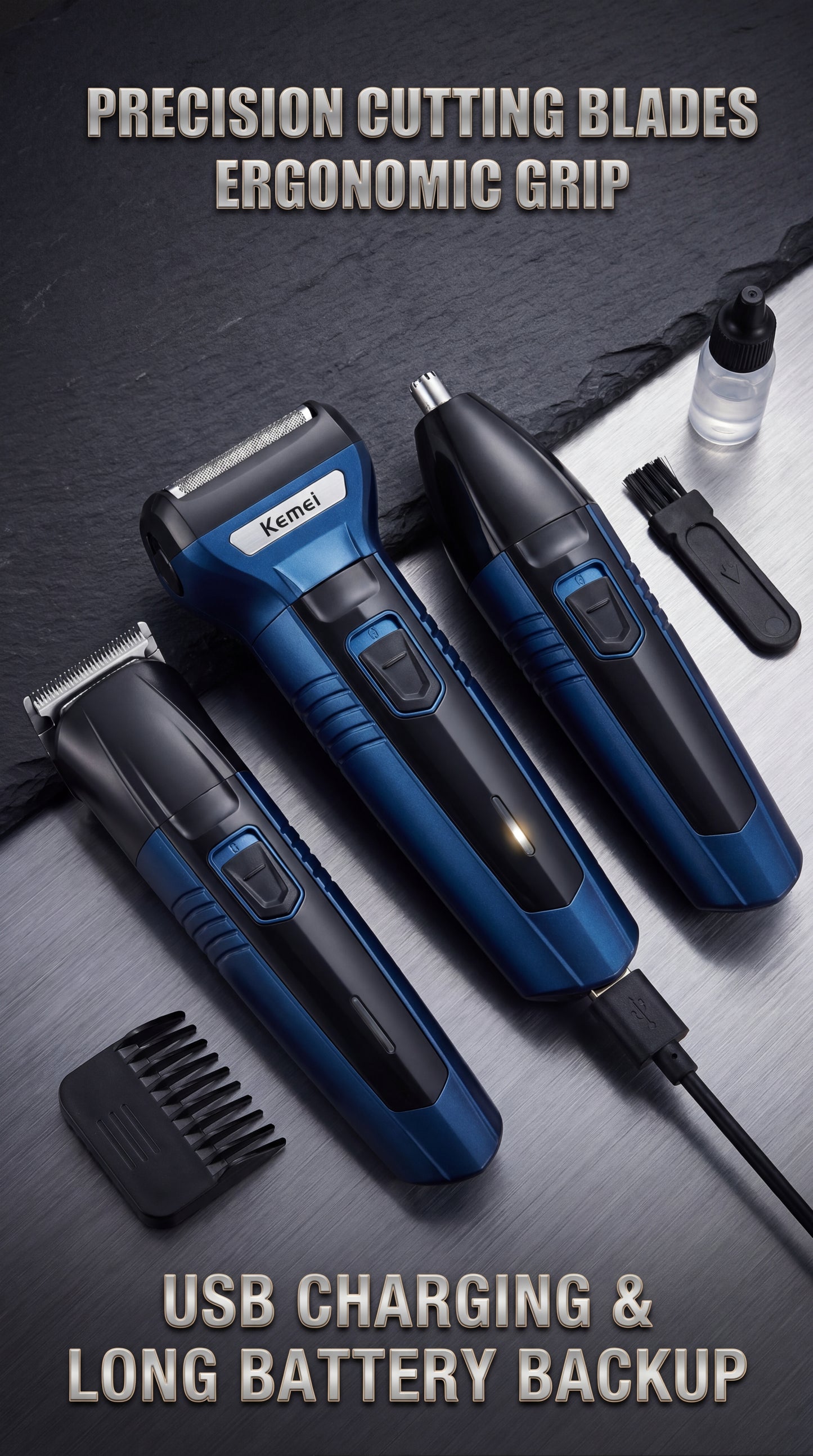 3-in-1 Electric Hair Clipper & Grooming Kit Professional rechargeable trimmer for beard, hair, and nose grooming with sharp precision blades and stylish design.