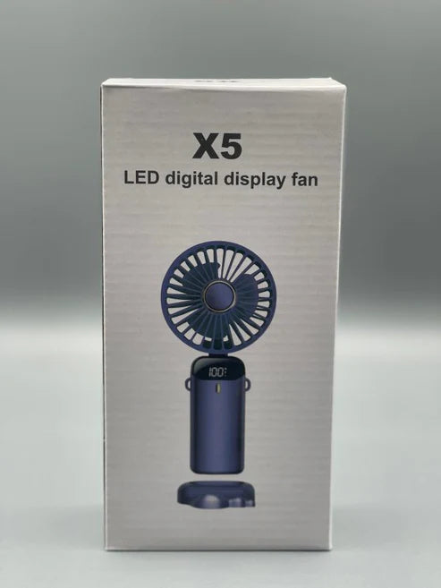 X5 Portable LED Digital Display Fan – Rechargeable Mini Handheld Fan with 5 Speeds & Phone Stand
